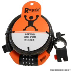 Antivol vélo spiral a code 4 chiffres Ø12mm x 1.80 mètres noir/orange avec support marque Rangers * Prix spécial !