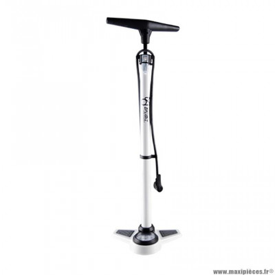 Pompe vélo à pied marque Optimiz couleur acier couleur blanc mano 11 bars double tête plastique valve schrader/presta