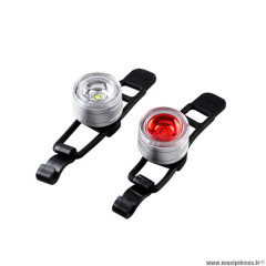 Eclairage vélo pile av+ar marque Atoo 1 led 2 fonctions argent alu (fixation av cintre/arrière tige de sell