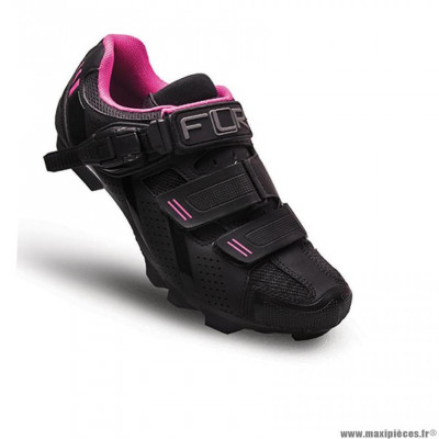 Chaussures vélo VTT marque FLR elite f65 taille 36 couleur noir/rose 2 bandes auto agrippantes + clic