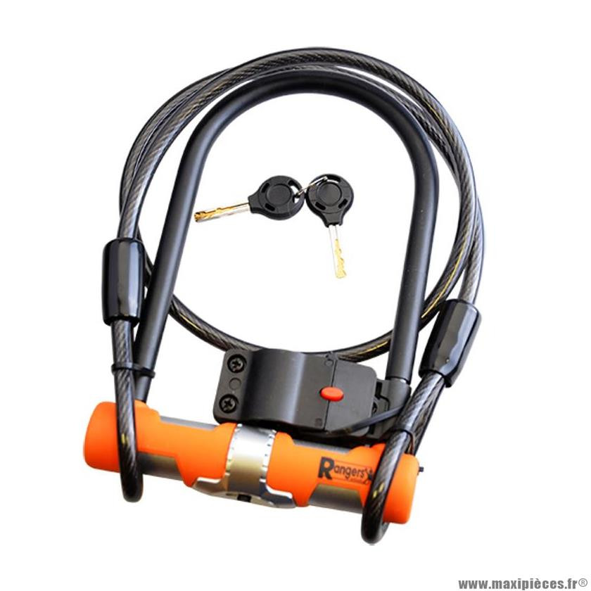 Antivol vélo U 115x190mm marque Rangers couleur noir/orange avec cable à boucles diamètre 10x1.20m et support