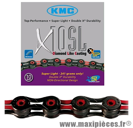 Chaîne de vélo à 10 vitesses x10sl noir/rouge 112m 241 grammes marque KMC - Matériel pour Vélo
