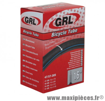 Chambre à air de vélo et de dimensions 16x1.75-2.125 valve presta marque GRL - Pièce Vélo
