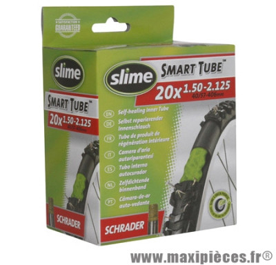 Chambre à air de vélo et de dimensions 20x1.50-2.125 valve standard avec liquide anti-crevaison marque Slime - Pièce Vélo