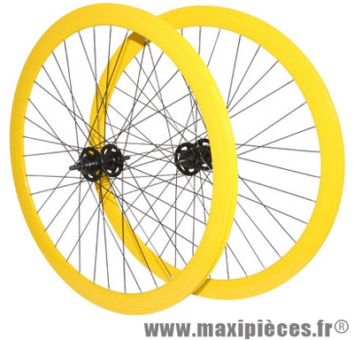 Roues route / fixie 43mm jaune double filetage (avant+arriere) - Accessoire Vélo Pas Cher