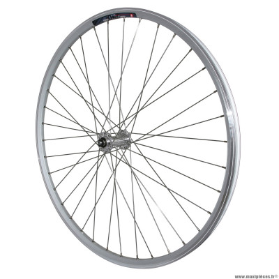 Roue vélo VTC 700x35 avant m240 aluminium renforcé moyeu miche magnum argent blocage spécial loueur (jante double paroi avec oeillets-rayonnage inox) marque Vélox