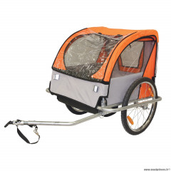 Remorque vélo enfant couverte 2 places maxi 45kg couleur bleu avec roues 20 pouces à blocage - fixation axe de roue arrière