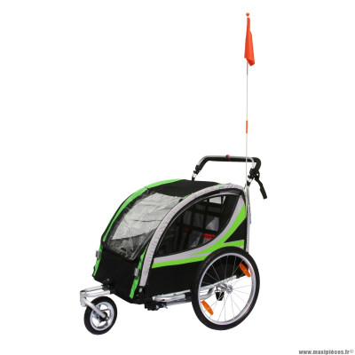 Remorque vélo enfant - poussette couverte 2 places en alu maxi 36kg couleur vert avec roues 20 pouces - fixation axe de roue - avec roue avant et poignée frein