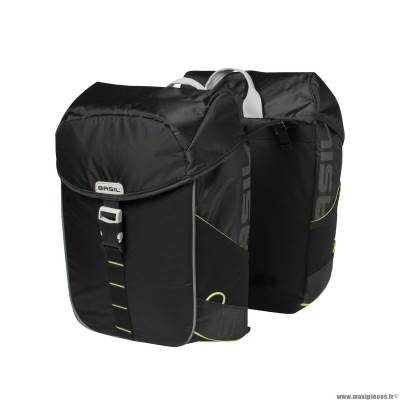 Sacoche arrière vélo double miles waterproof 32 litres couleur noir liseret jaune fluo (vendu par 2) (44x14x30cm) marque Basil