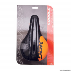 Selle vélo enfant rav couleur noir déco orange 210x130mm avec trou central rail acier couleur noir marque Newton