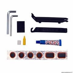 Kit réparation chambre à air marque Weldtite VTT avec outils (contient 4 patchs 18mm, 2 patchs 28x18mm, colle 5g, papier ponce, craie, 3 démontes pneus, 2 cles allen 5 et 6mm) avec notice