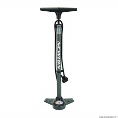 Pompe à pied vélo marque Newton fpv1 acier couleur gris raccord double style switch avec manomètre 11bars valve presta-schrader