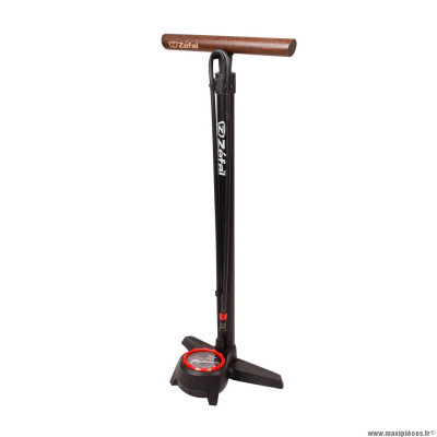 Pompe à pied profil max fp60 corps alu noir mat manomètre 12bars raccord zturn valve presta-schrader manche en bois marque Zéfal