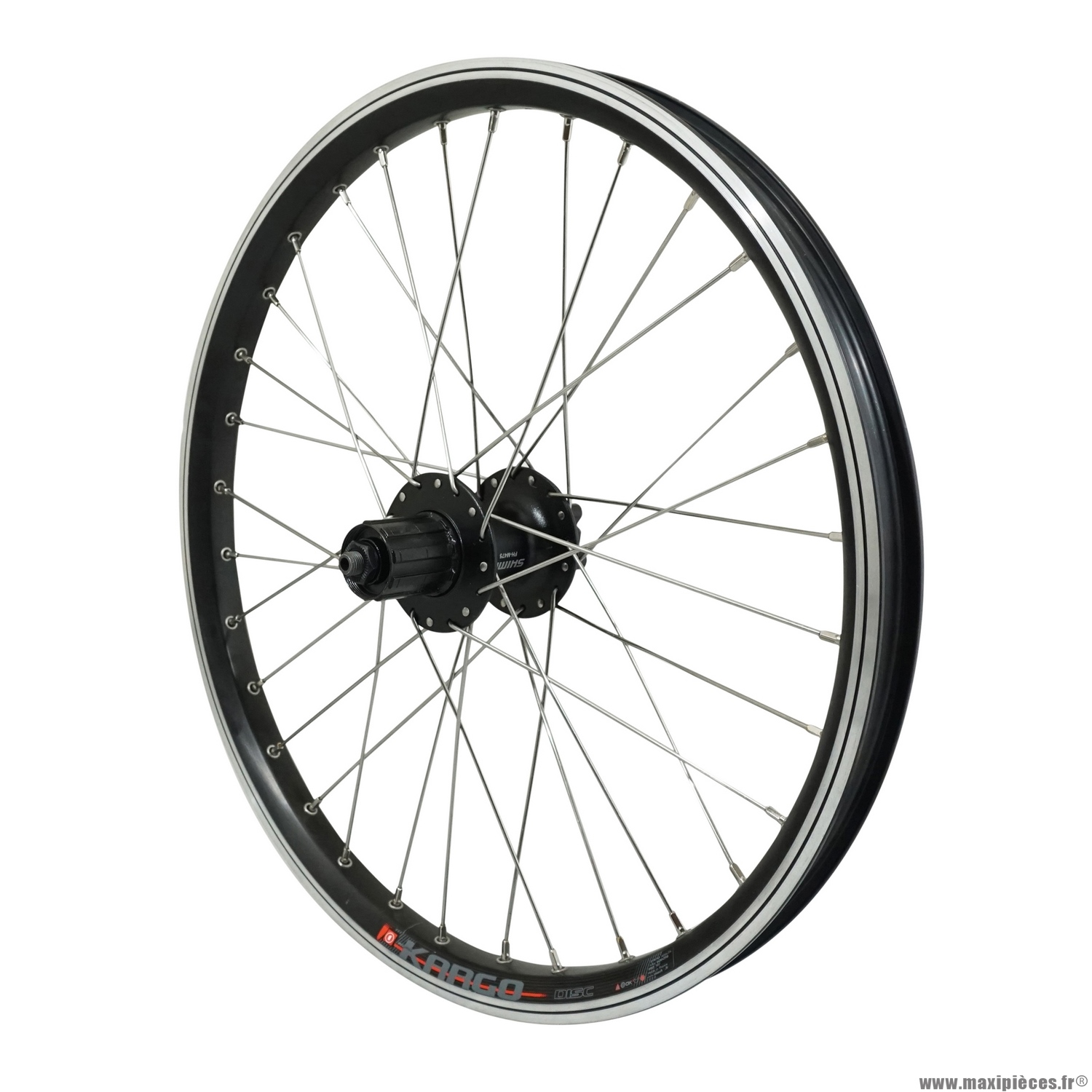 Roue vélo VTT 20 pouces arrière kargo disc vae-e-bike aluminium couleur  noire double paroi moyeu shimano m475 disc 6 trous cassette 10-9-8 vitesses